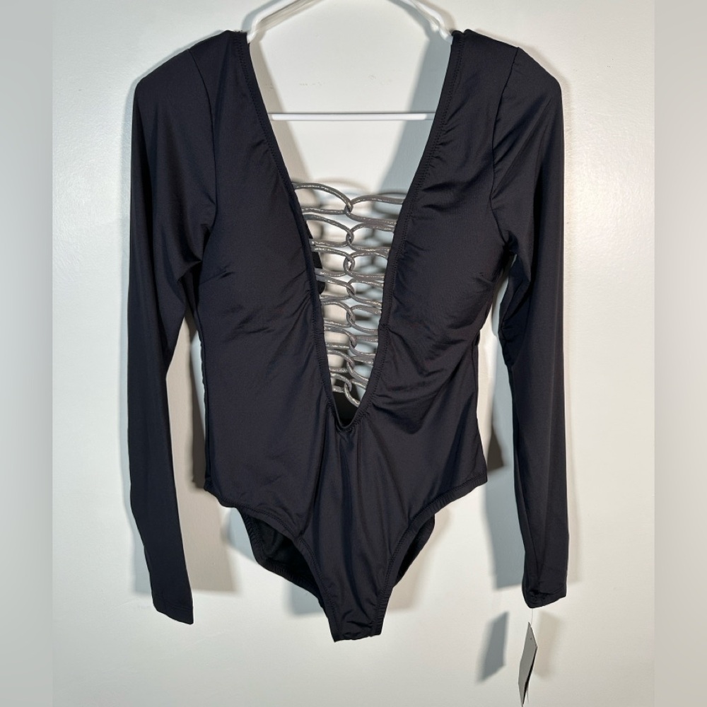 Kenneth Cole One-Piece Swimsuit Plunging Lace-Up Front Long-Sleeve Size L Black - Picture 5 of 14
